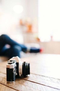 A camera on a table.